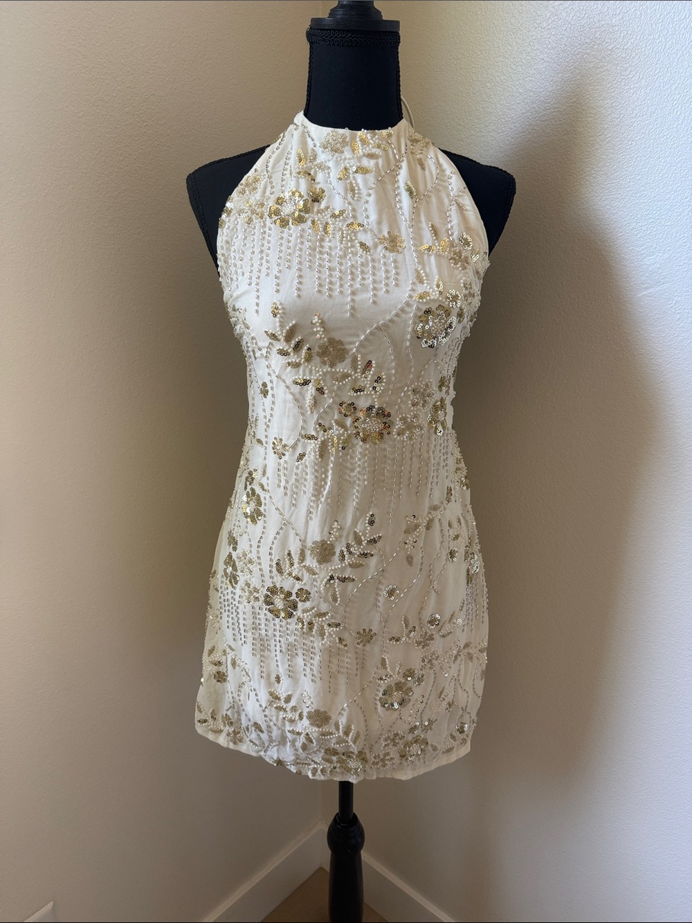 BNWB - Beige Beaded Halter Mini Dress